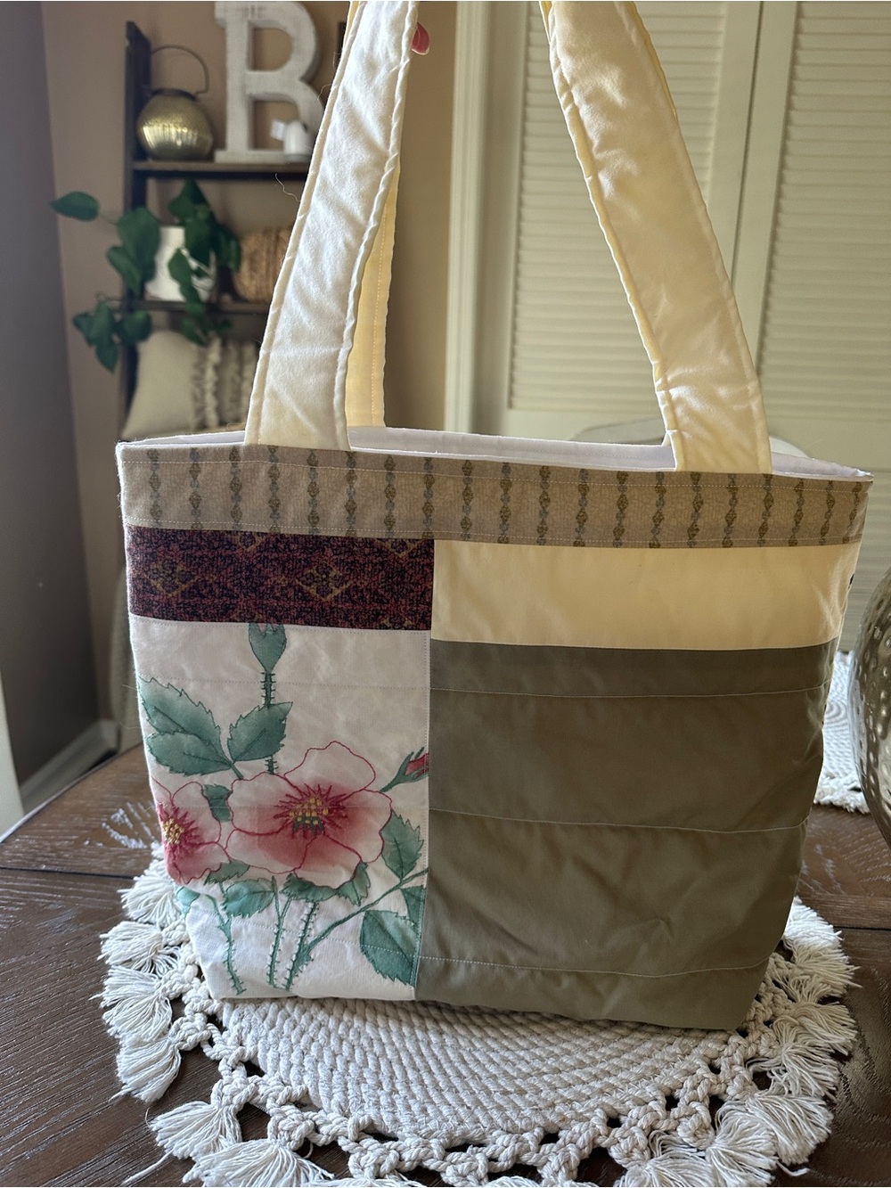 Floral Patchwork Tote Bag in Cream, Green and Pink